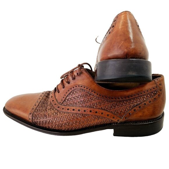 Mezlan Dubai Brown Woven Wingtip Shoes Mens 9M All Leather Oxford Made in Spain - Picture 1 of 13